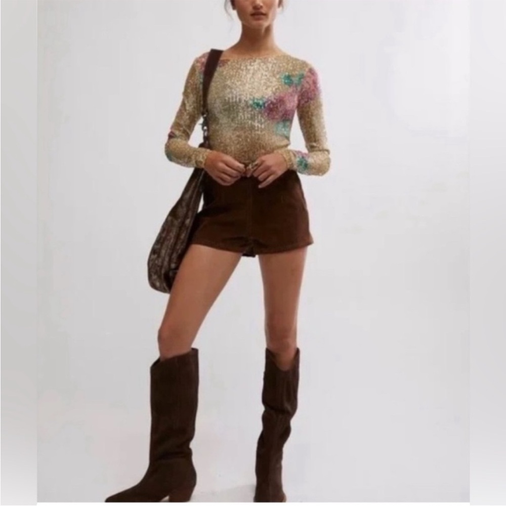 FREE PEOPLE PRINTED GOLD RUSH FLORAL LONG SLEEVE CREW NECK TOP SIZE SMALL NWT - Picture 5 of 12